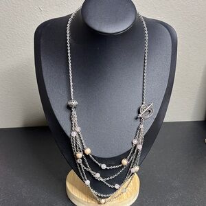 Beaded Faux Pearl Multichain Heart Toggle Marcasite Necklace